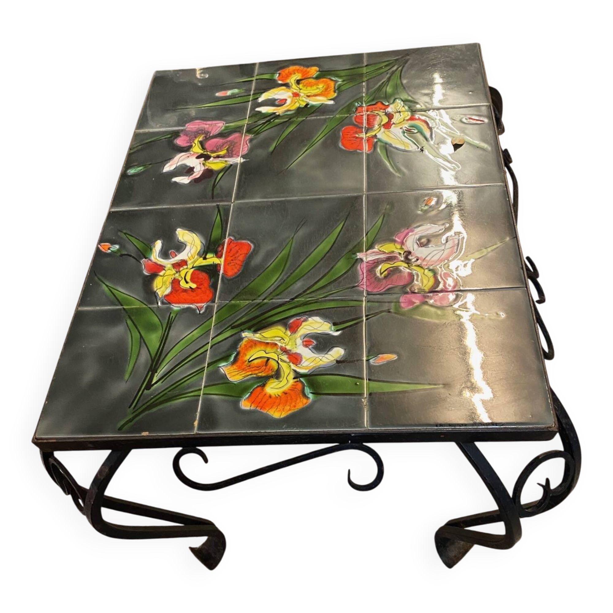 Vallauris coffee table signed rheaul faience tiles, flowers and wrought iron