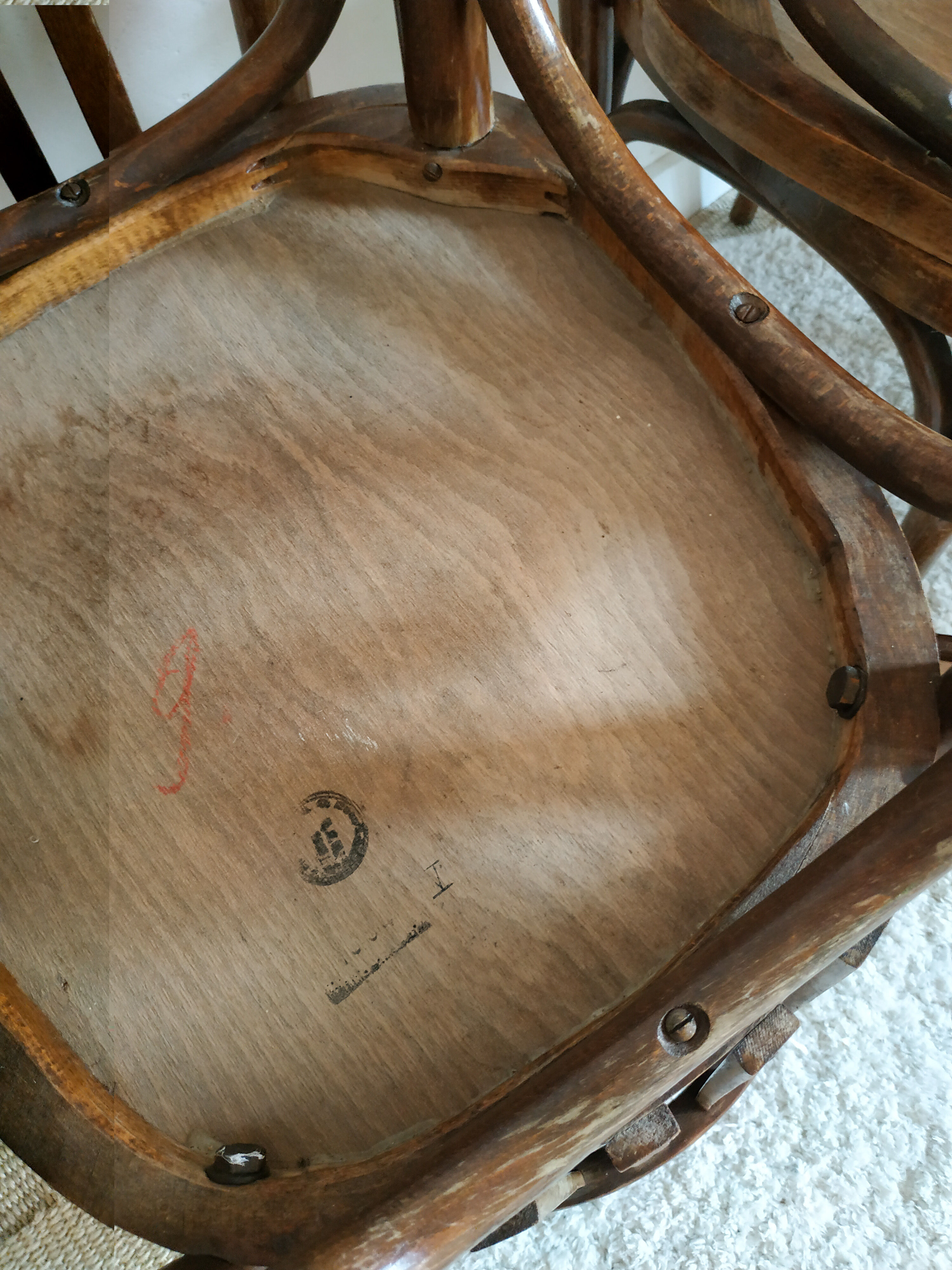 Lot of 7 patinated bistro chairs