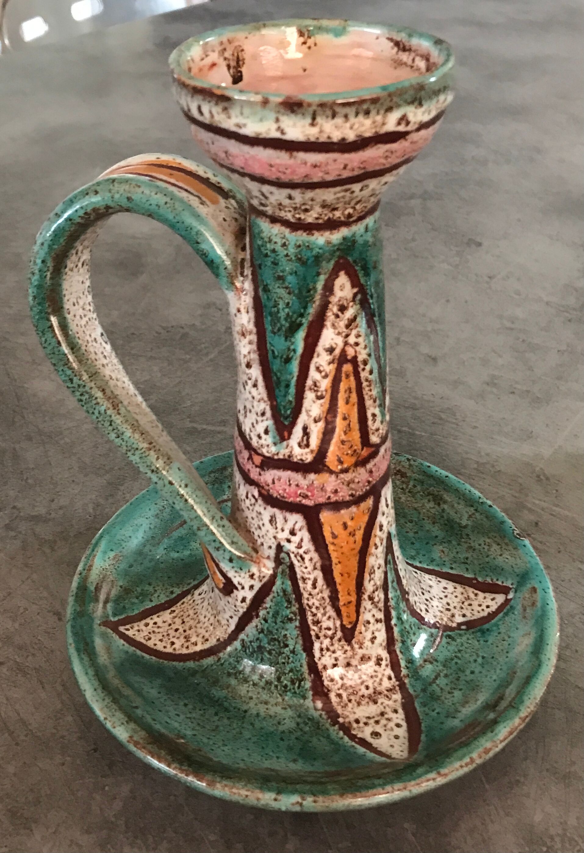 Hand candleholder in enamelled ceramic, polychrome paint, art deco, numbered