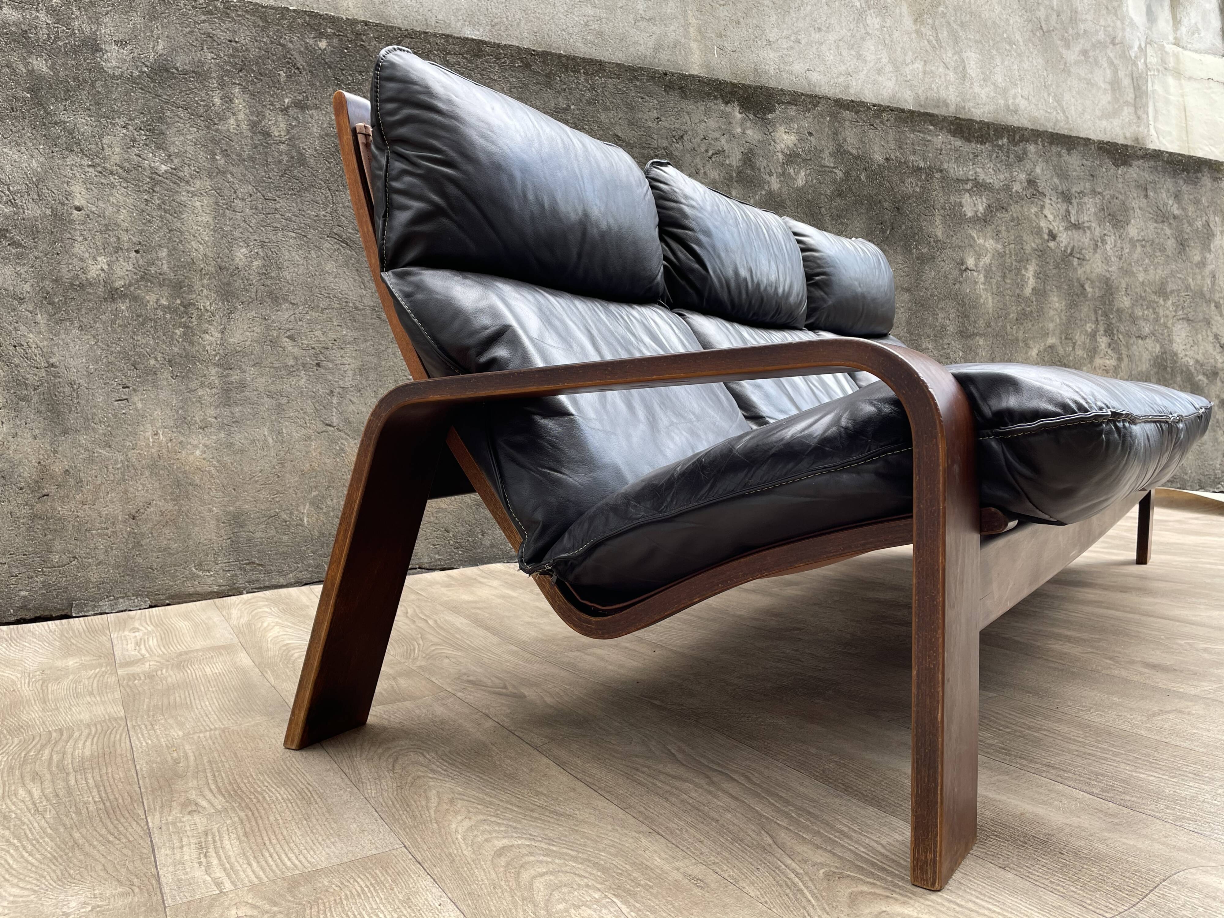 Scandinavian wooden and leather sofa, 1970s