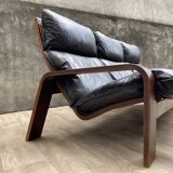 Scandinavian wooden and leather sofa, 1970s