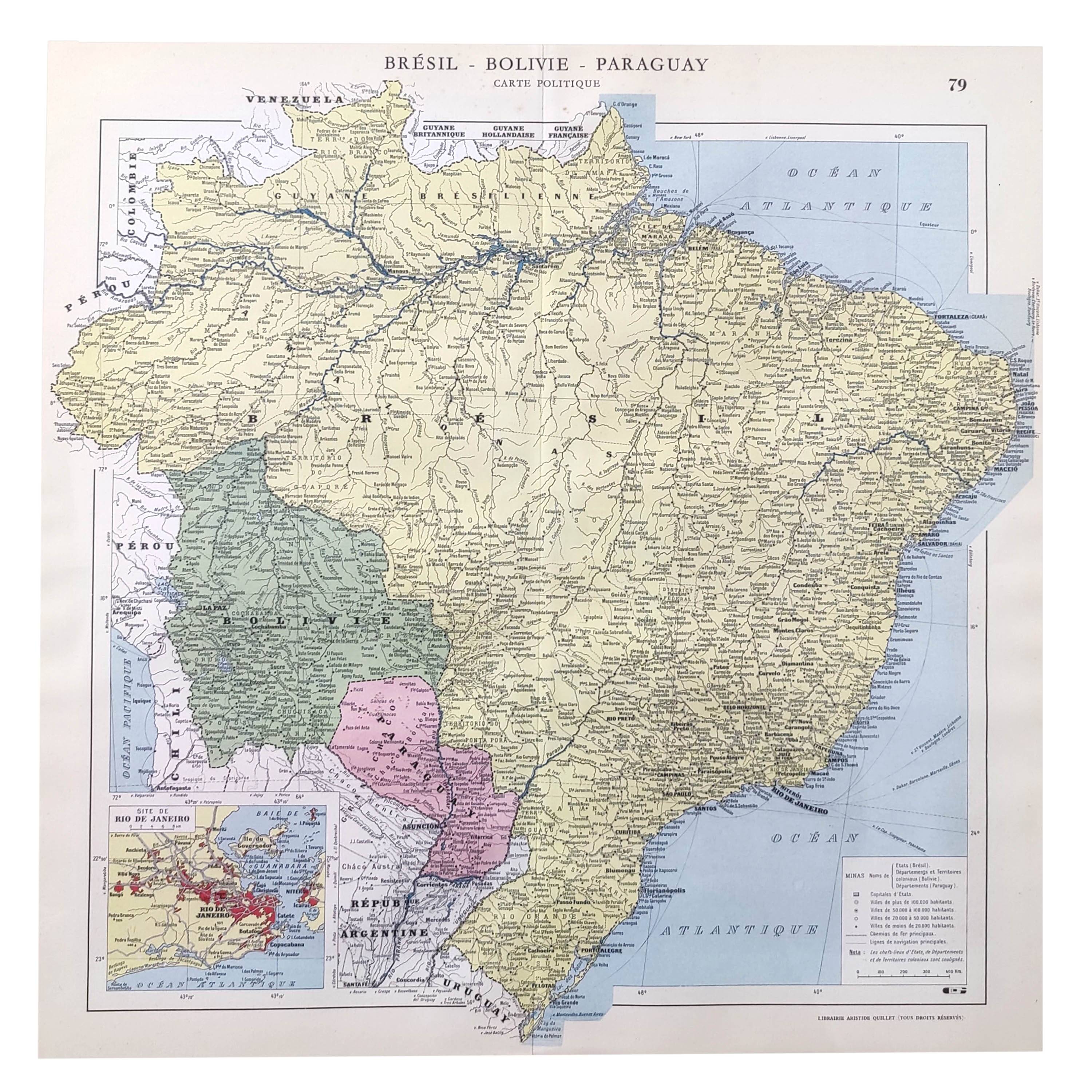 Old map of South America Brazil Bolivia Paraguay 43x43cm from 1950