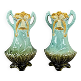 Pair of Art Nouveau vases in glazed ceramic with floral decoration, 20th Century