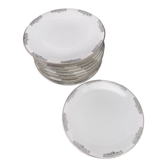 Set of 6 white porcelain dessert plates with silver edging