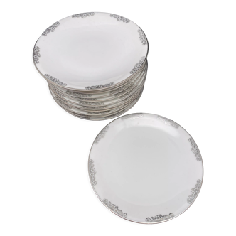 6 white porcelain dessert plates with silver edging