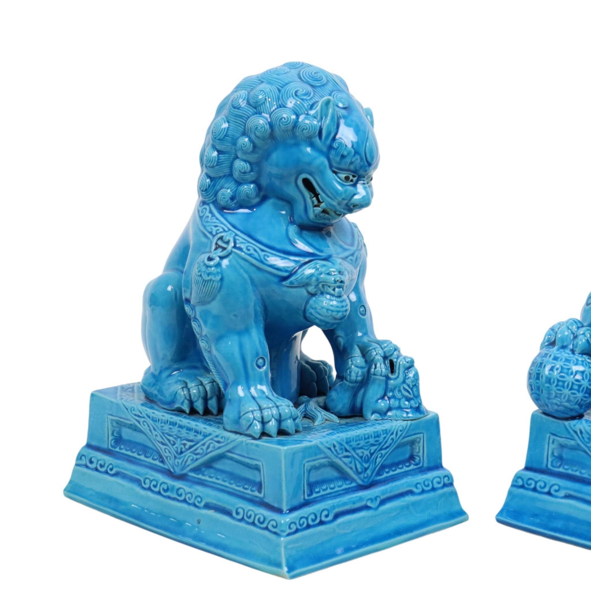 Large Temple Lion Statues Foo Dogs Blue Porcelain 25cm