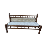 Ancien banc en teck birman naturel et assise & dosseret en coton tressé