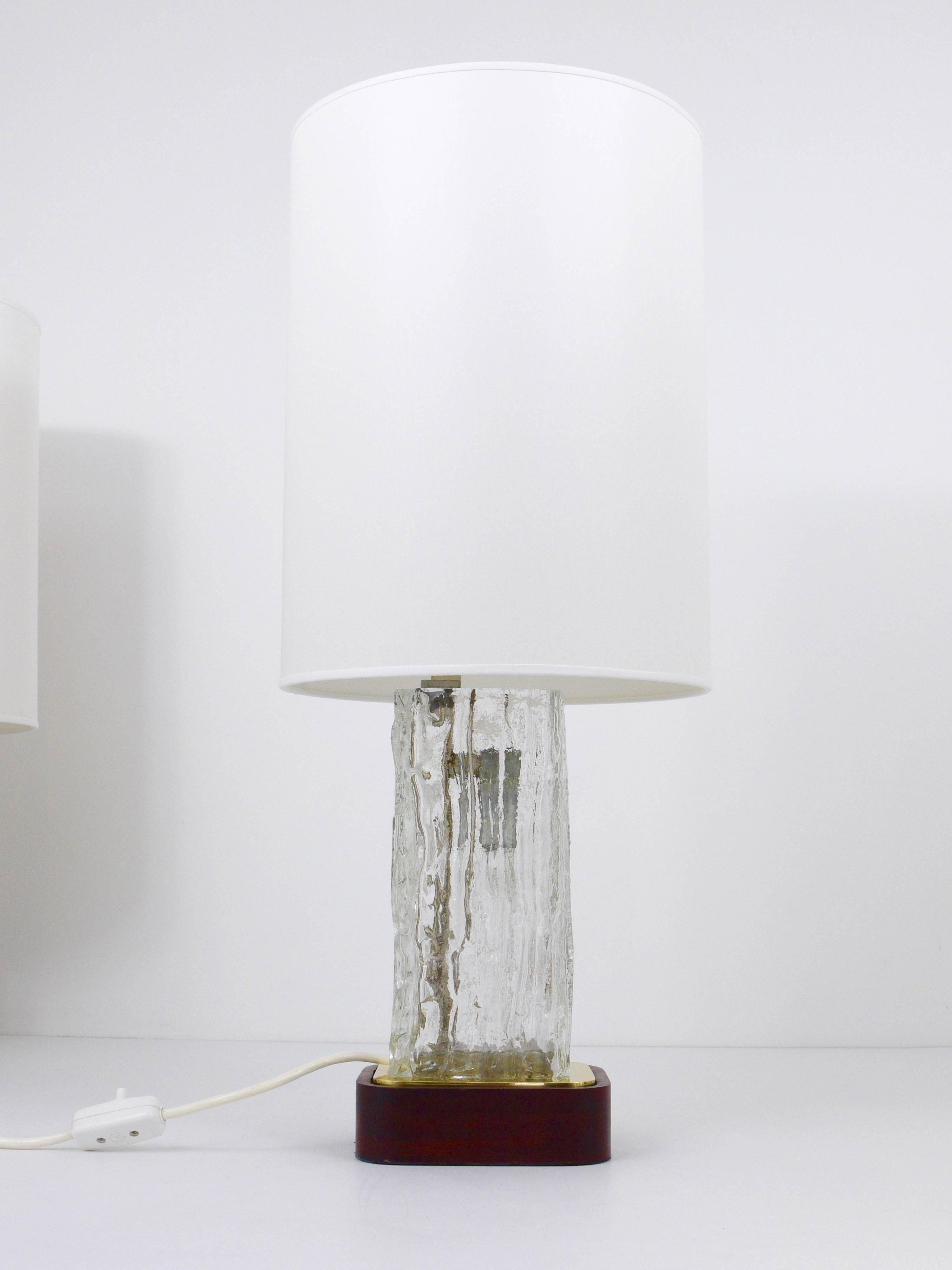 Pair of large glass ice table lamps by J.T. Kalmar "Frankenberg" with illuminated base.