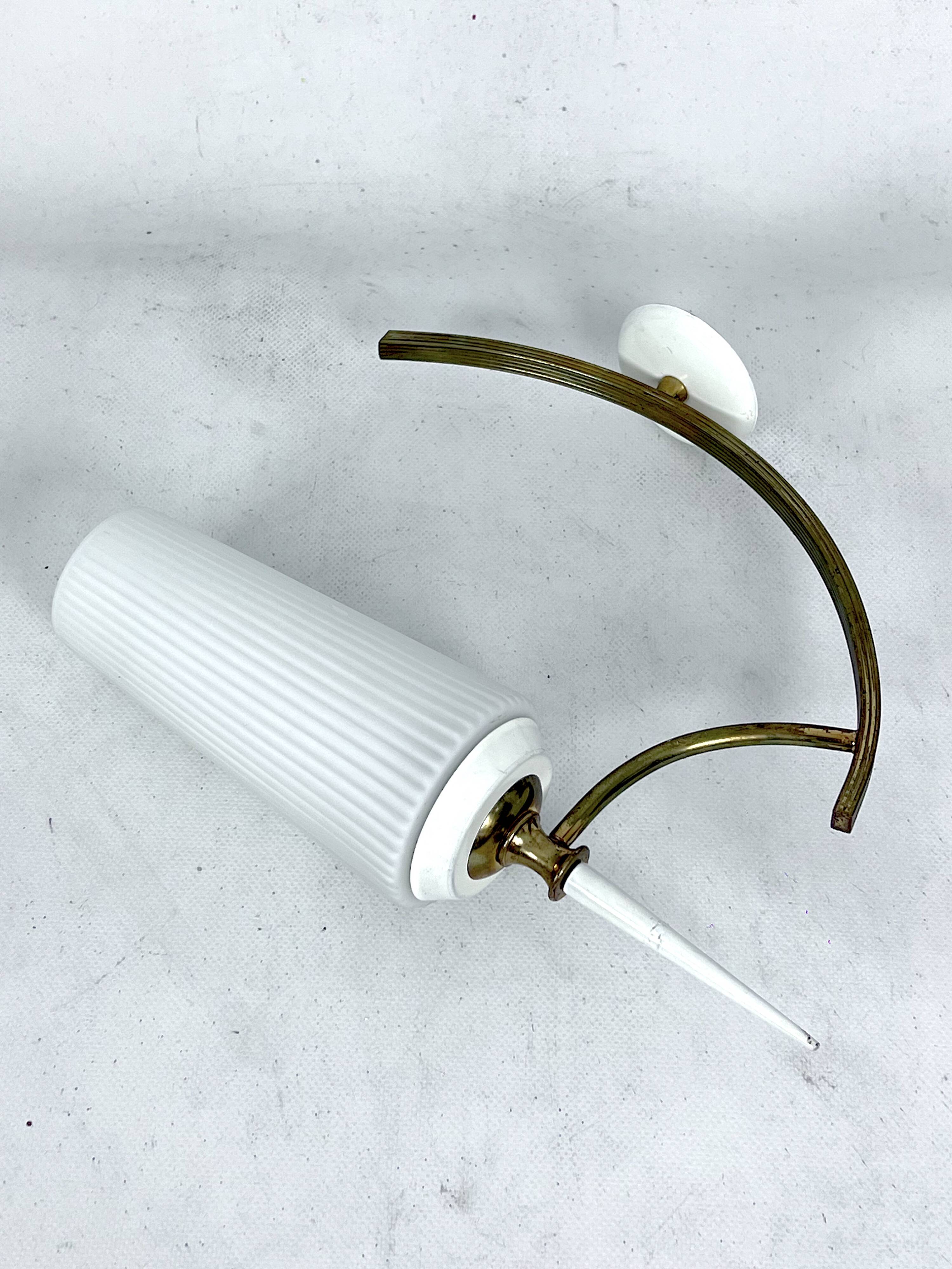 Mid-Century Italian pair of sconces in brass and opaline glass