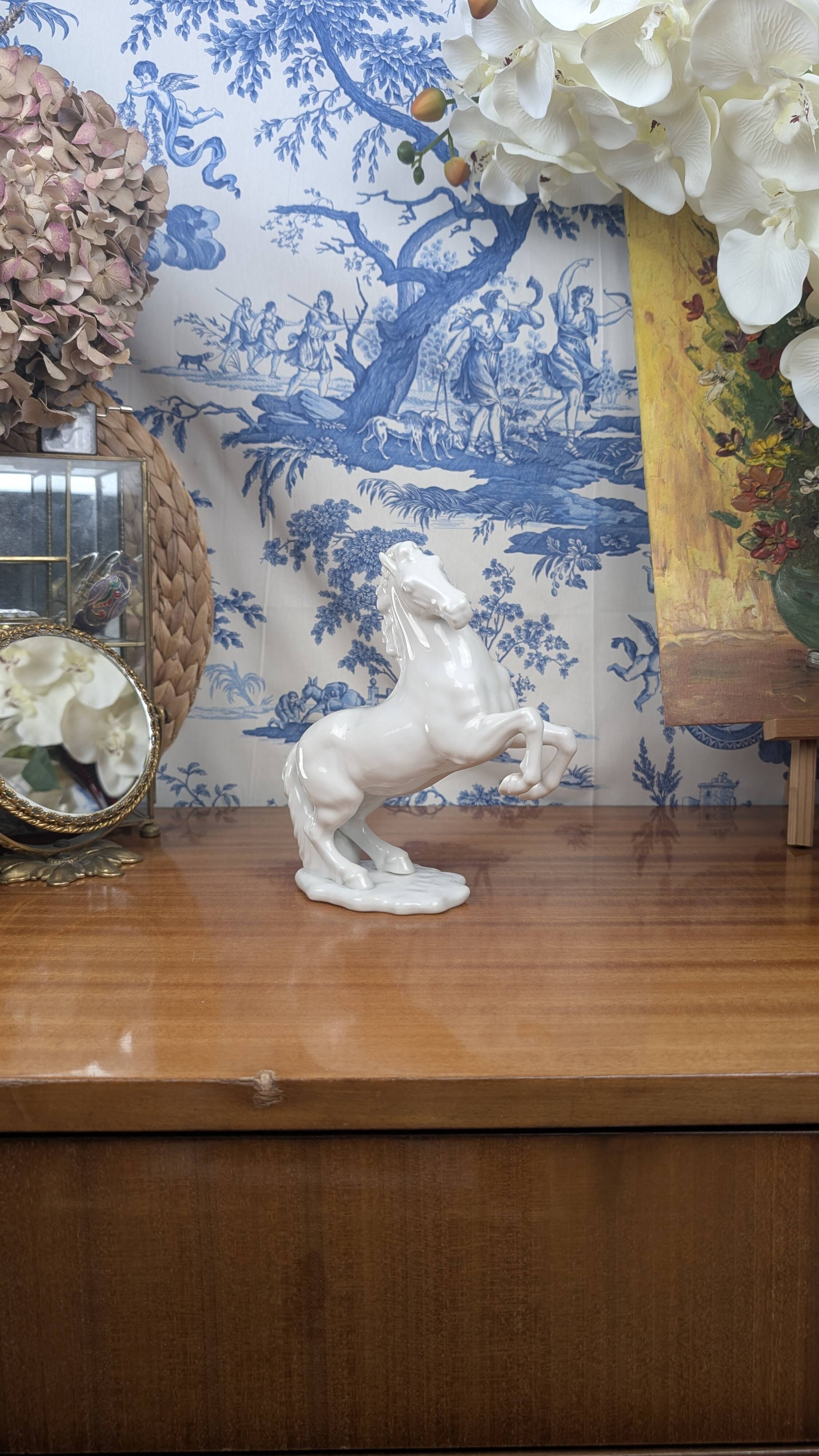 Figurine of a Slender Lipizzaner Horse in White Glazed Biscuit Porcelain