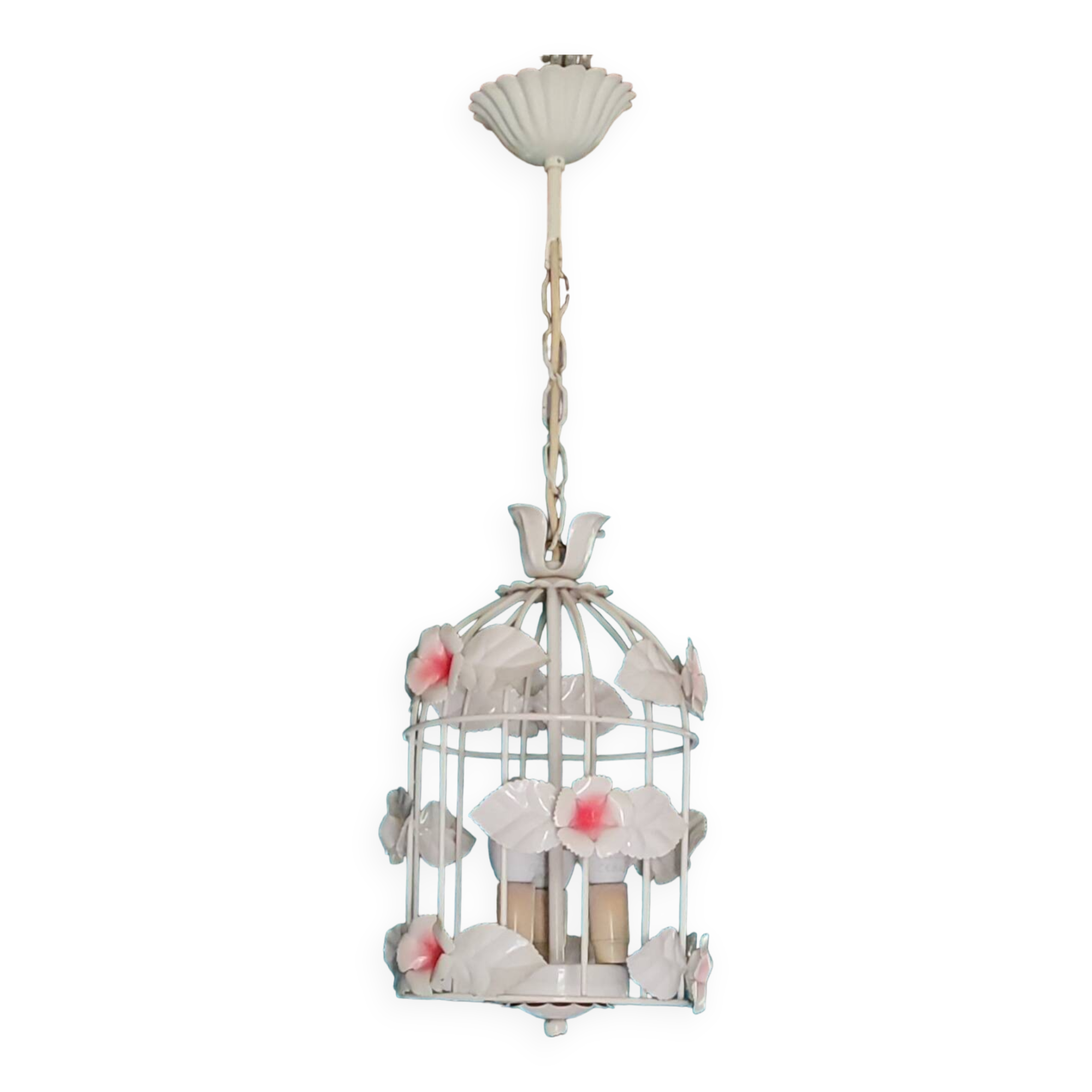 Vintage chandelier cage birds flowers white metal