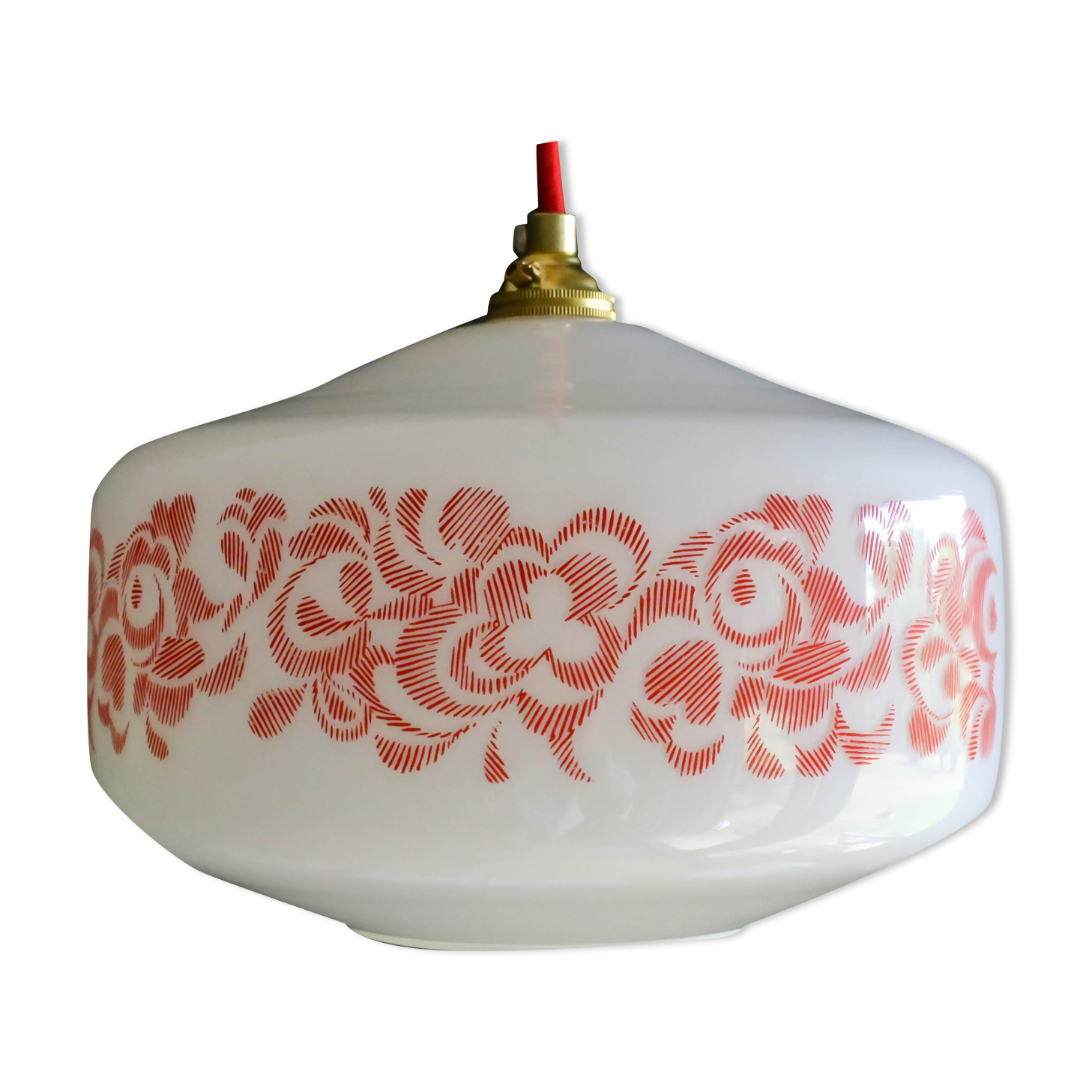 French suspension lamp in white opaline with red print pattern - comes with brass socket