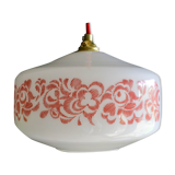 French suspension lamp in white opaline with red print pattern - comes with brass socket