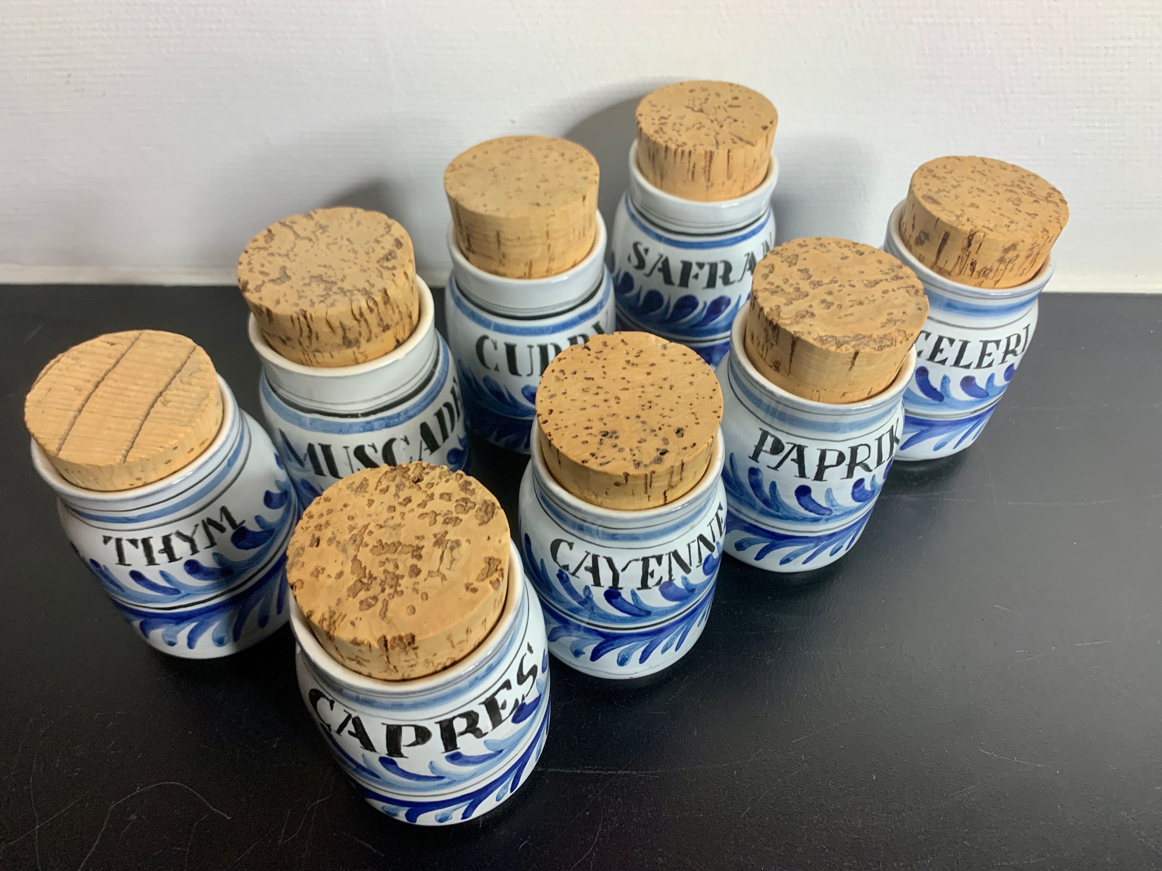 Set of 8 ceramic spice pots by Roger Capron