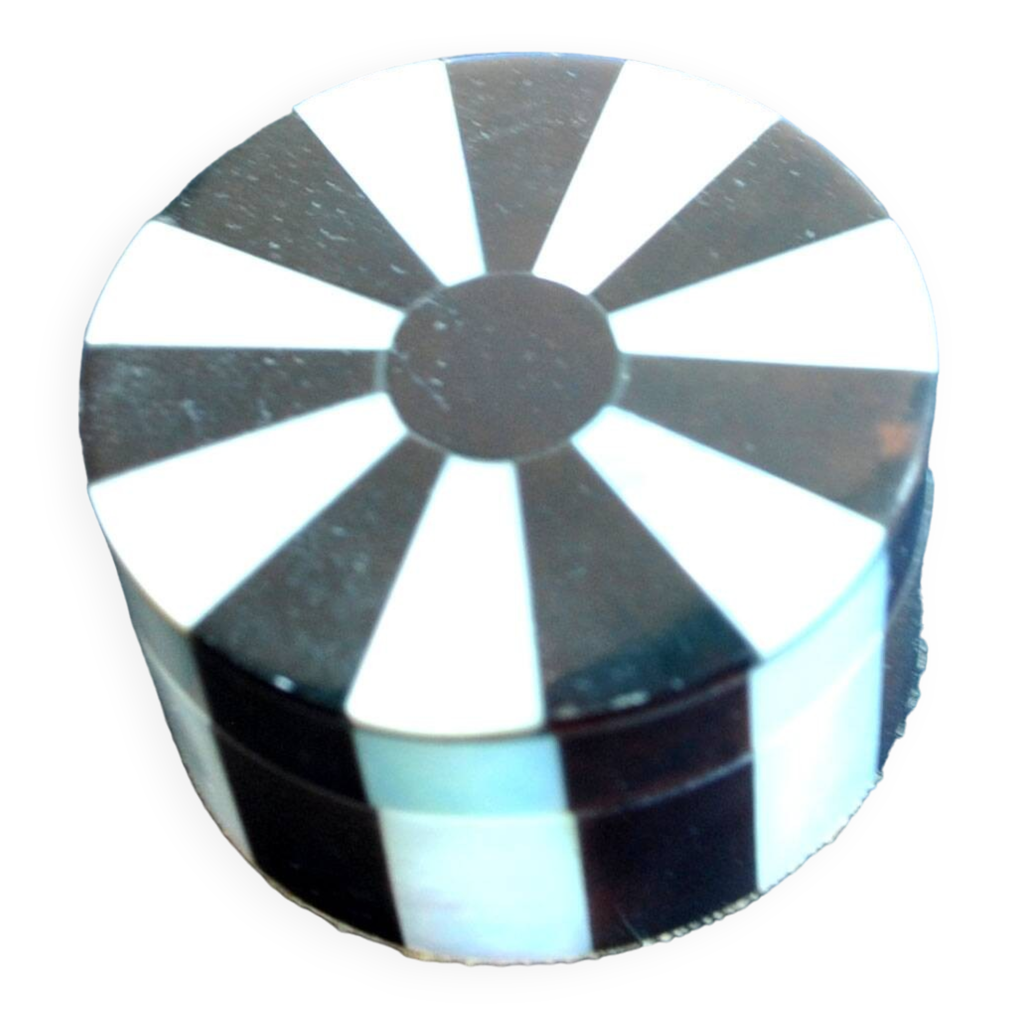 Vintage round box in mother-of-pearl and tortoiseshell-style resin - ring sizer pillbox snuff box