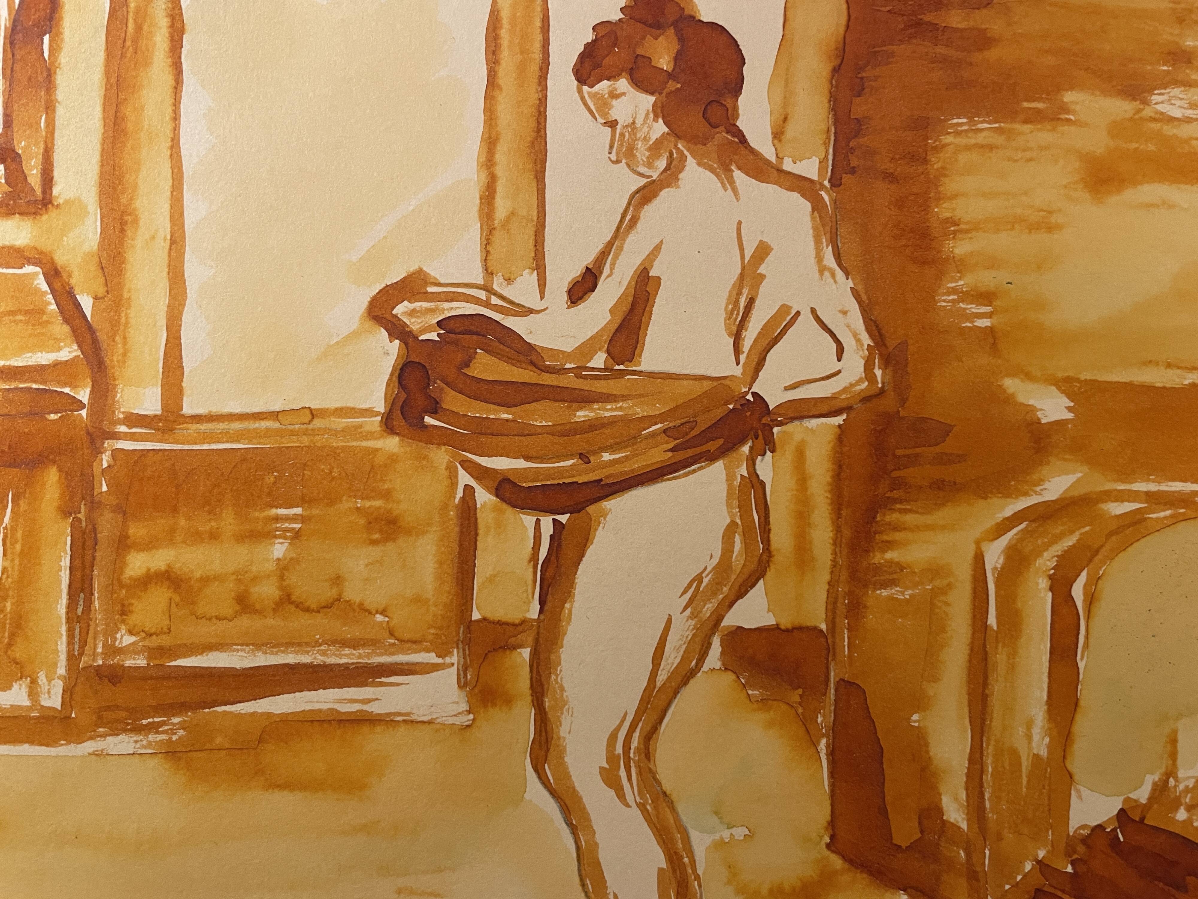 Red chalk watercolor portrait of a woman "study of coming out of the bath"