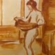 Red chalk watercolor portrait of a woman "study of coming out of the bath"