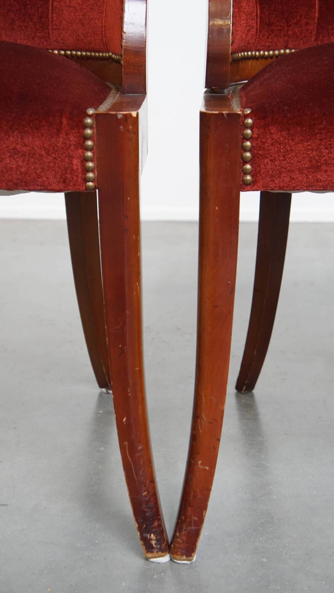 Set of 4 Art Deco Dining Chairs with Red Upholstery and Wooden Backs