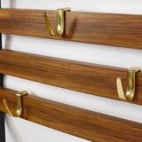 Wall coat rack by Carl Aubock with 5 brass hooks, walnut, iron, Austria, 1950s.