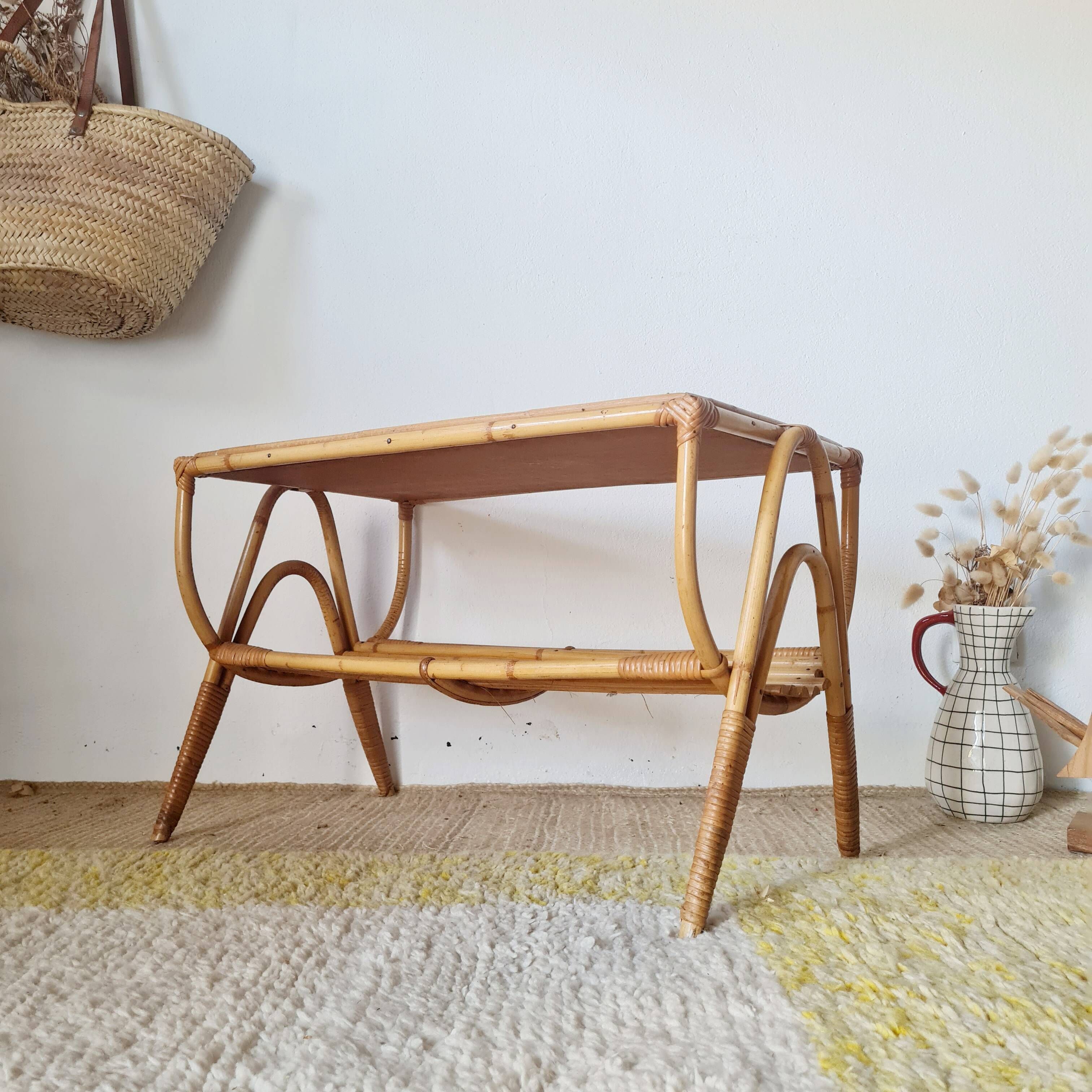 1960s rattan coffee table - blue top