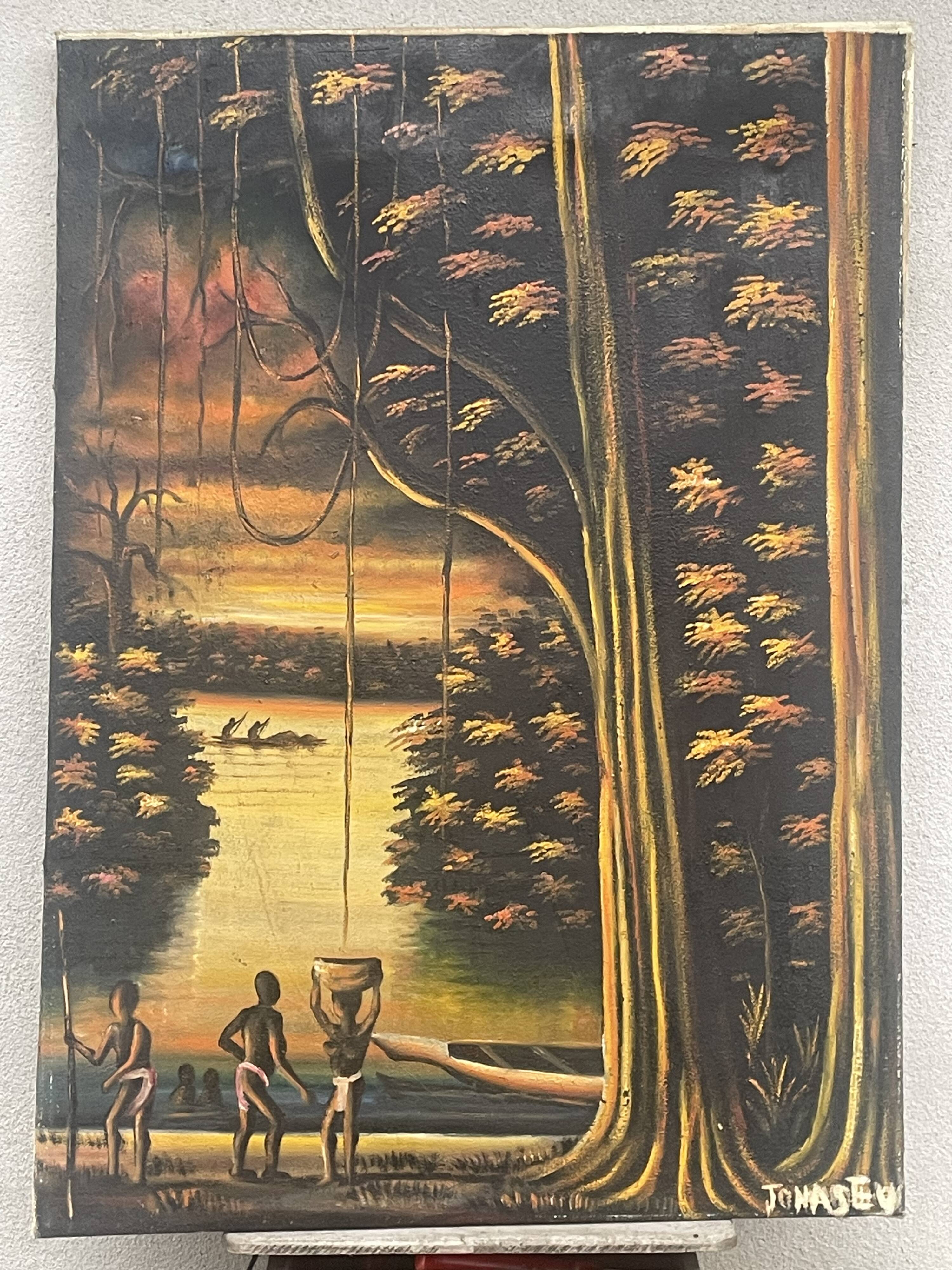 Old african canvas under lively woods in tropical and lush forest signed to identify