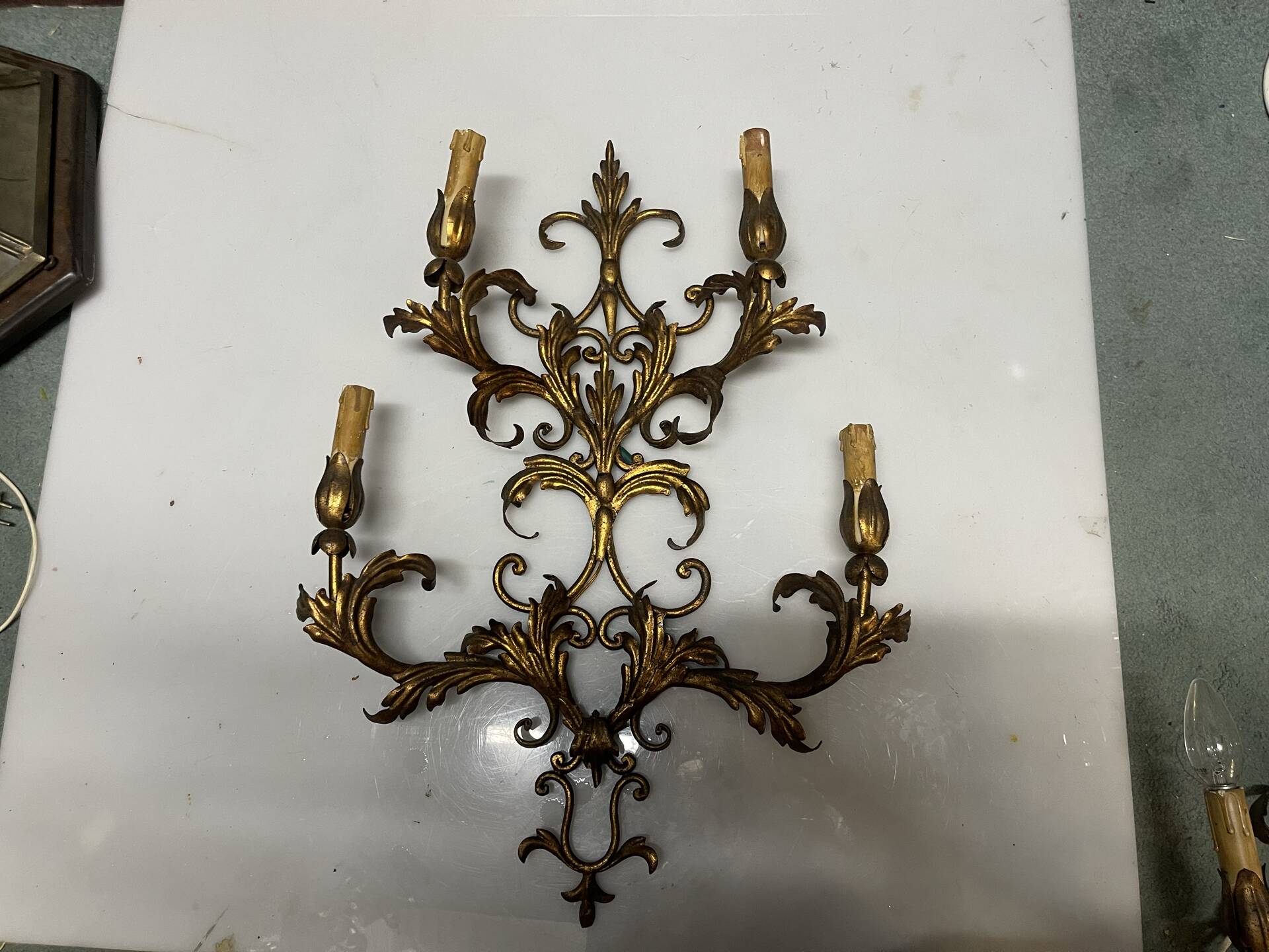 Large Italian Tole Gold Gilded Sconces Set of 2  1960’s 