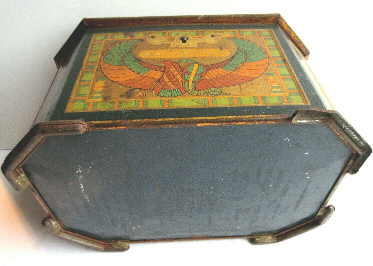 Octagonal sewing box with mirror, lithographed sheet: antique scene, 1900