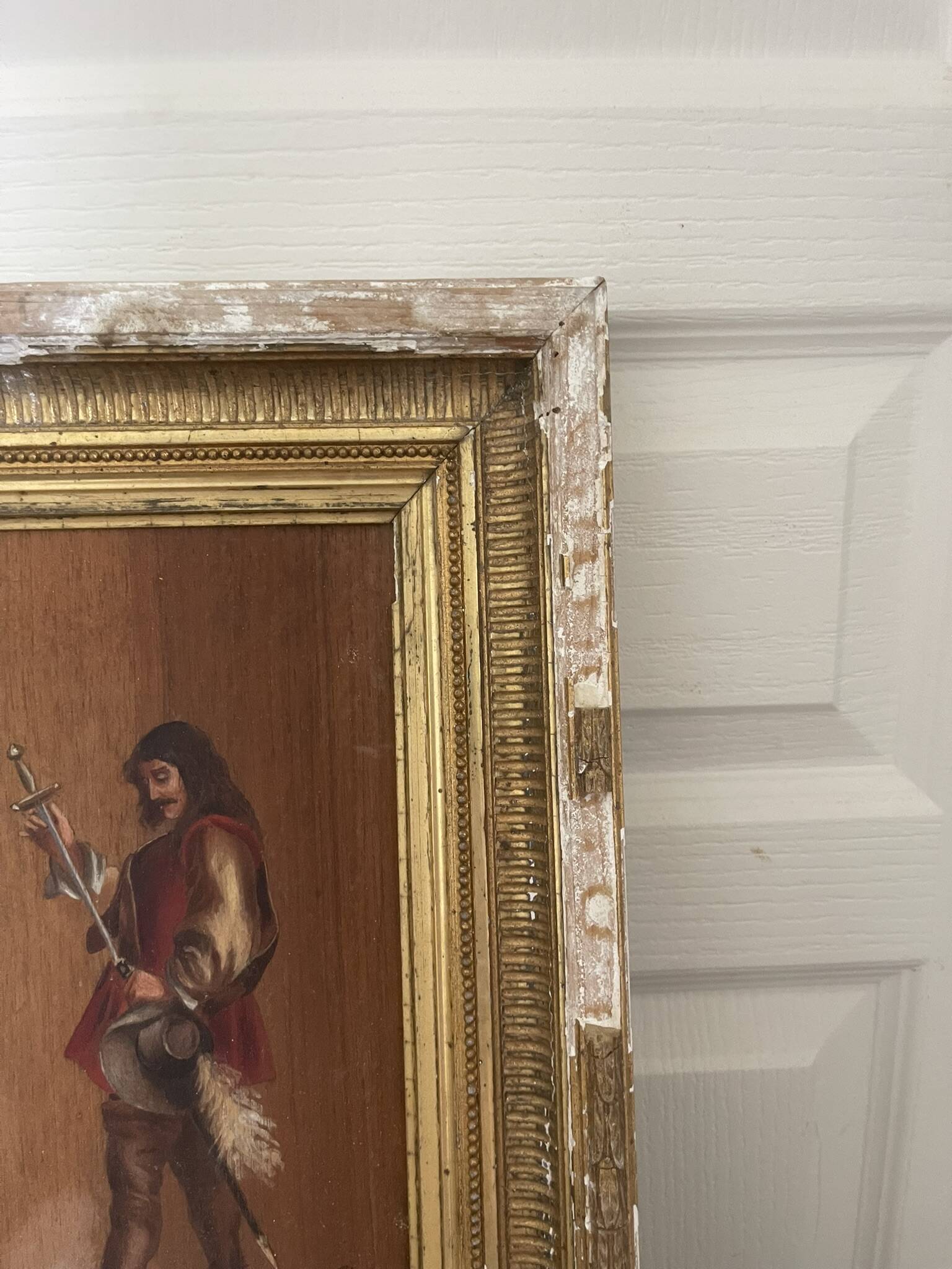 Antique Oil Wood Panel Framed Musketeer Signed 19th Century