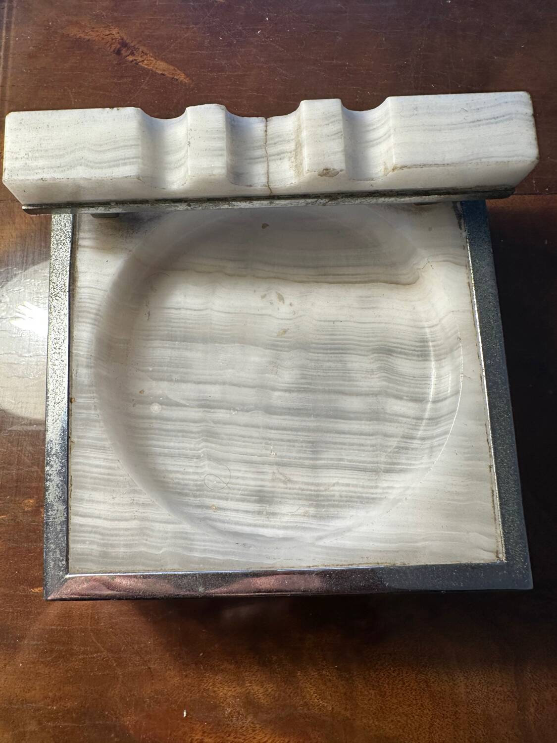 Art-deco ashtray - white stone and metal - made in France