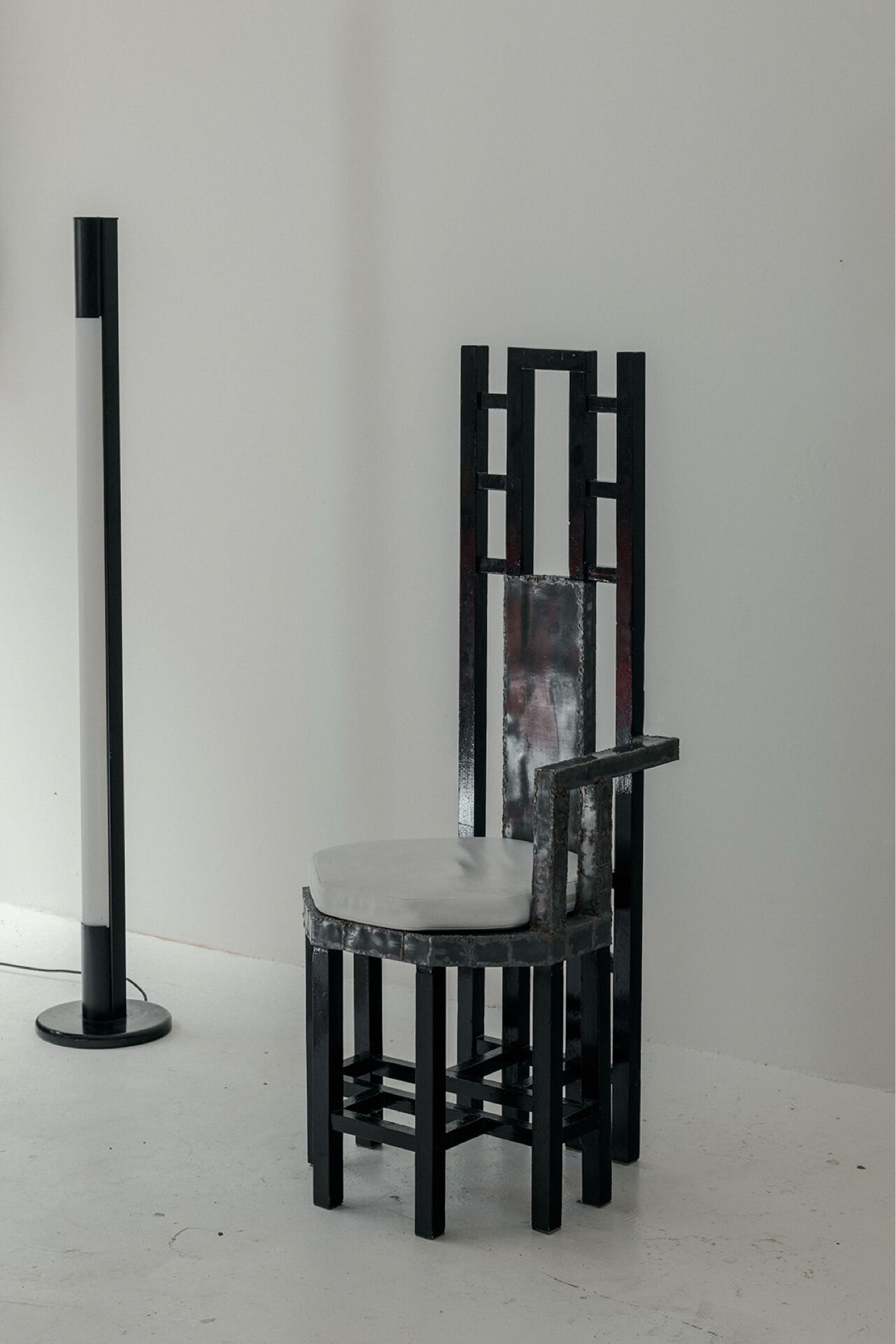Postmodern Throne Chair in Black Lacquered Wood, Iron Sh