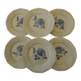 6 flat plates in Digoin Sarreguemines earthenware. Blue rose decoration.