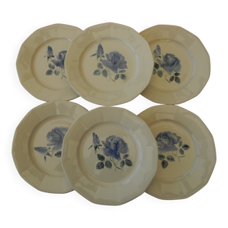 6 flat plates in Digoin Sarreguemines earthenware. Blue rose decoration.