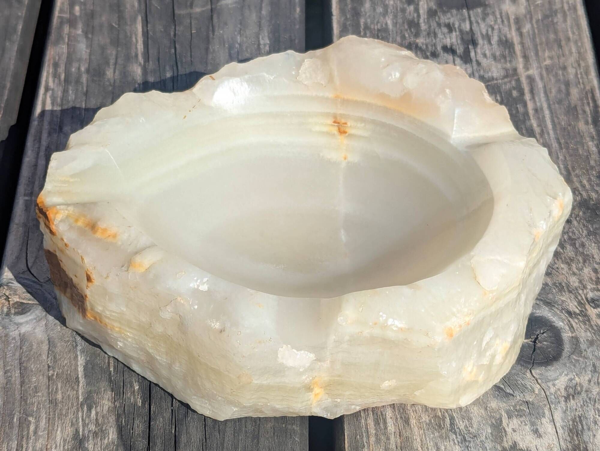 Vintage Brutalist Design Onyx Stone Ashtray Ochre Beige Shade