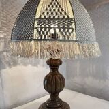 Turned wood lamp and macramé lampshade