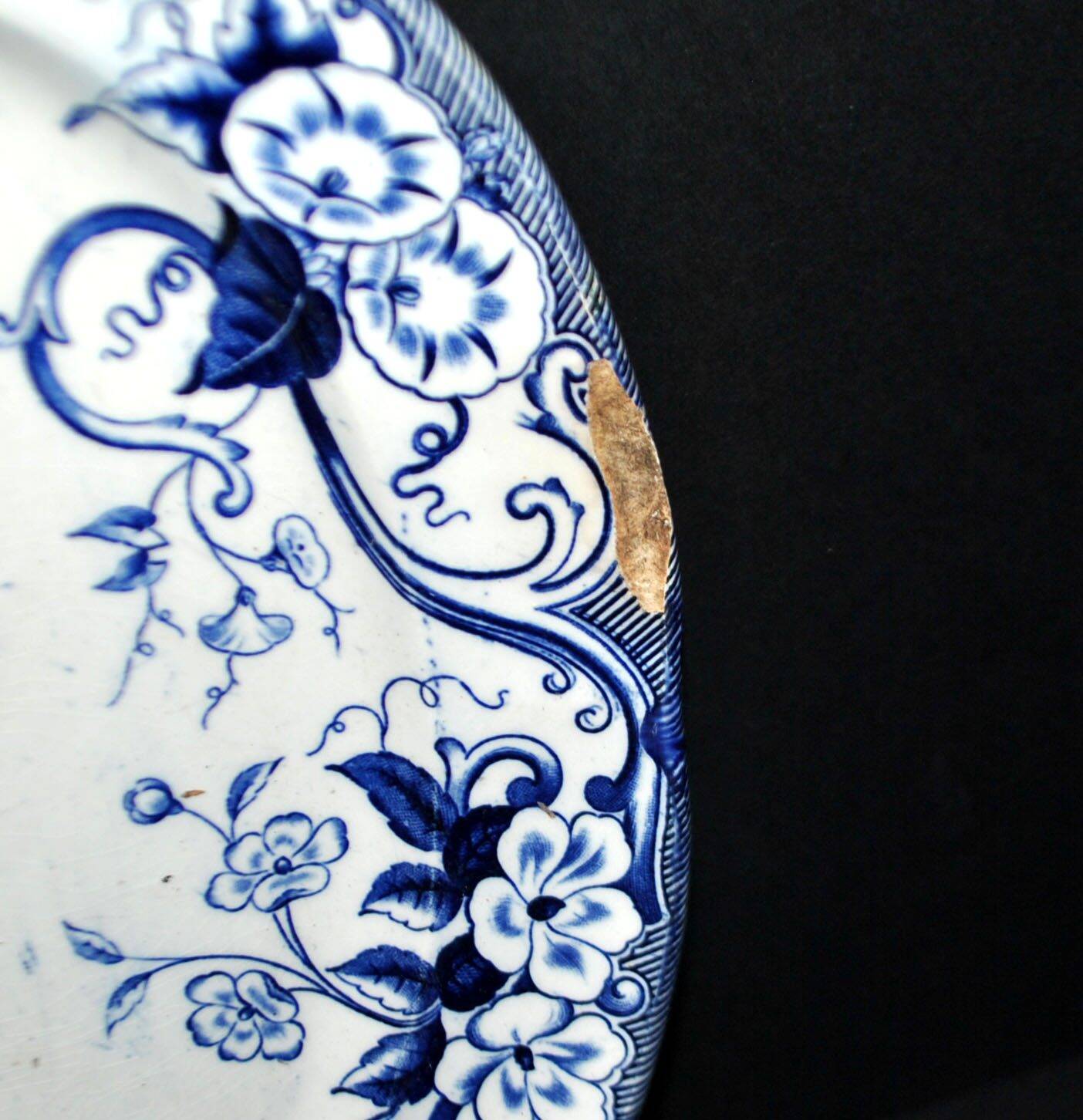 Creil Montereau oval dish and mounted plate Flora blue bindweed 1850 LM&Cie