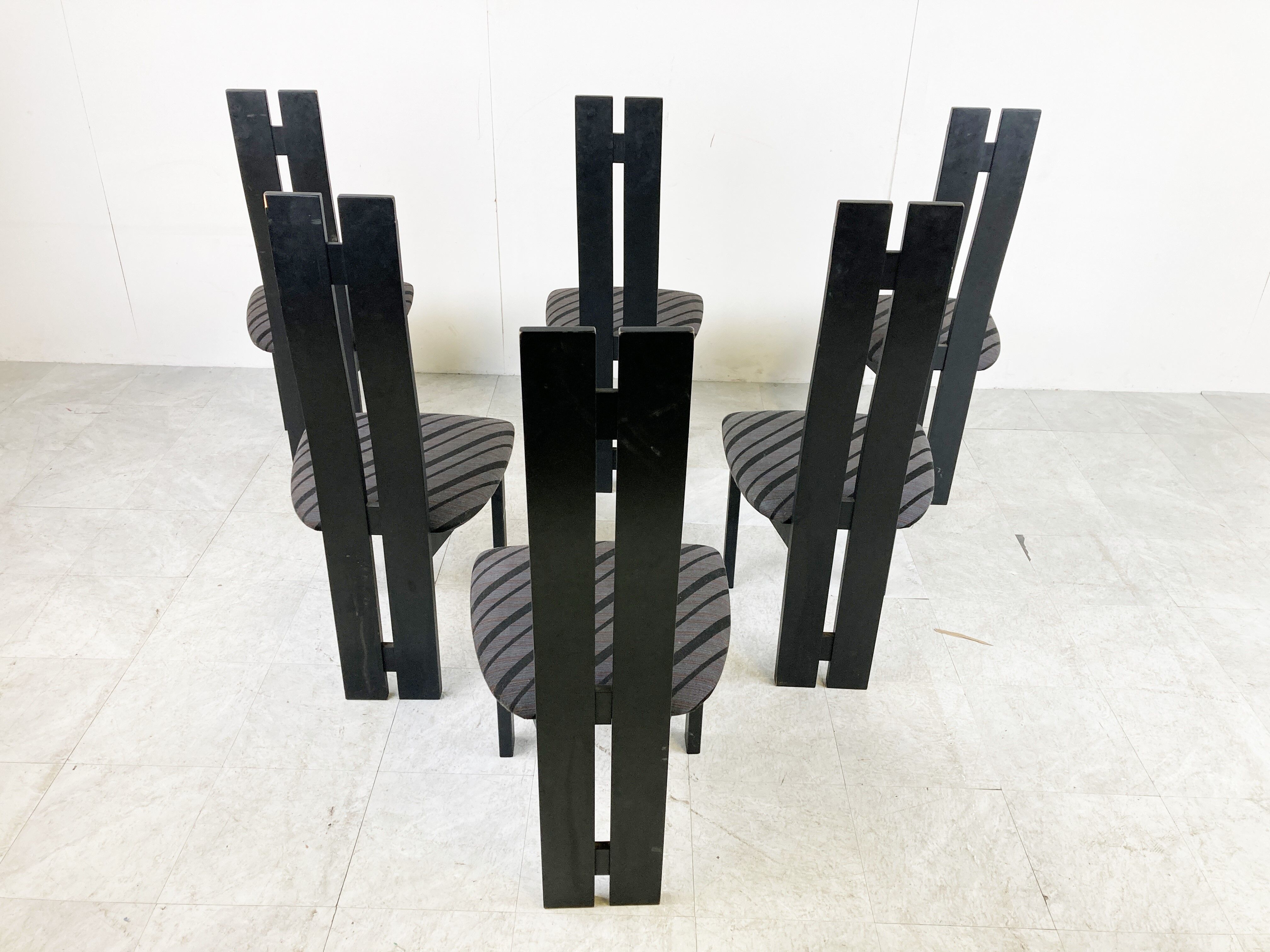 Set of 6 black wooden high back dining chairs - 1980s