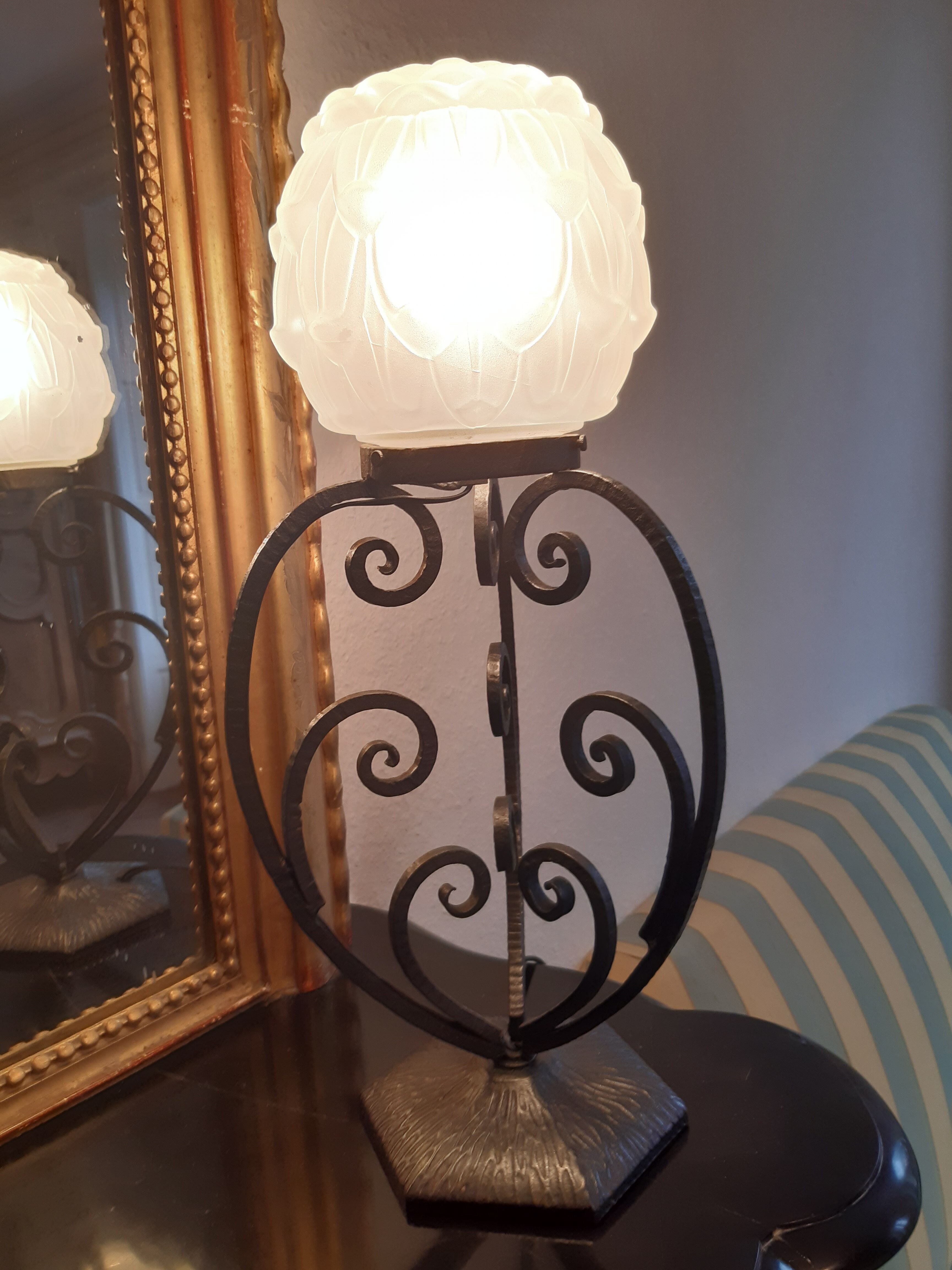 Art Deco period lamp wrought iron and pressed molded glass globe