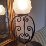 Art Deco period lamp wrought iron and pressed molded glass globe