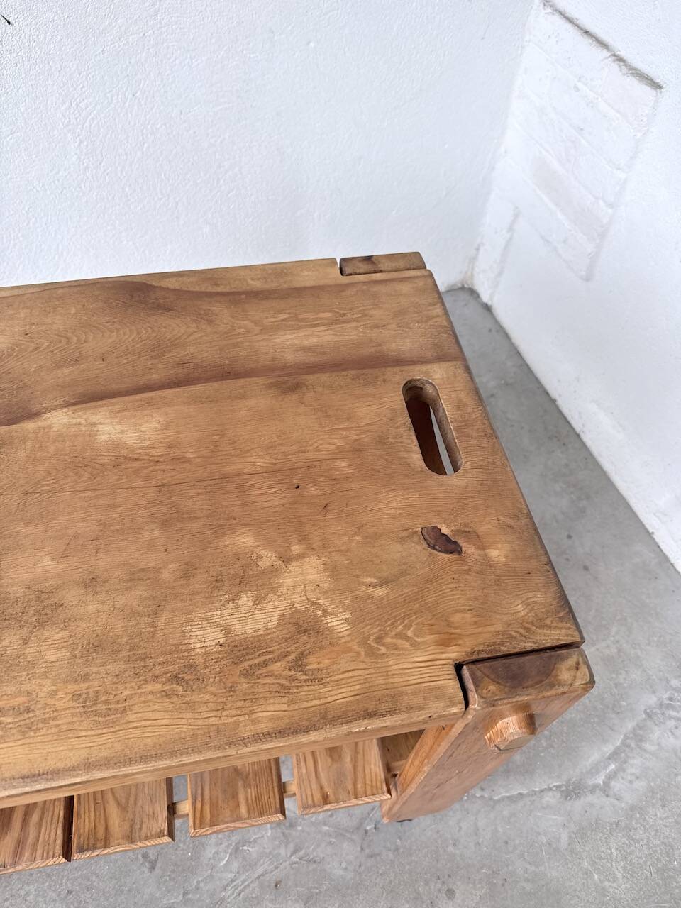 1980 pine wheeled console table