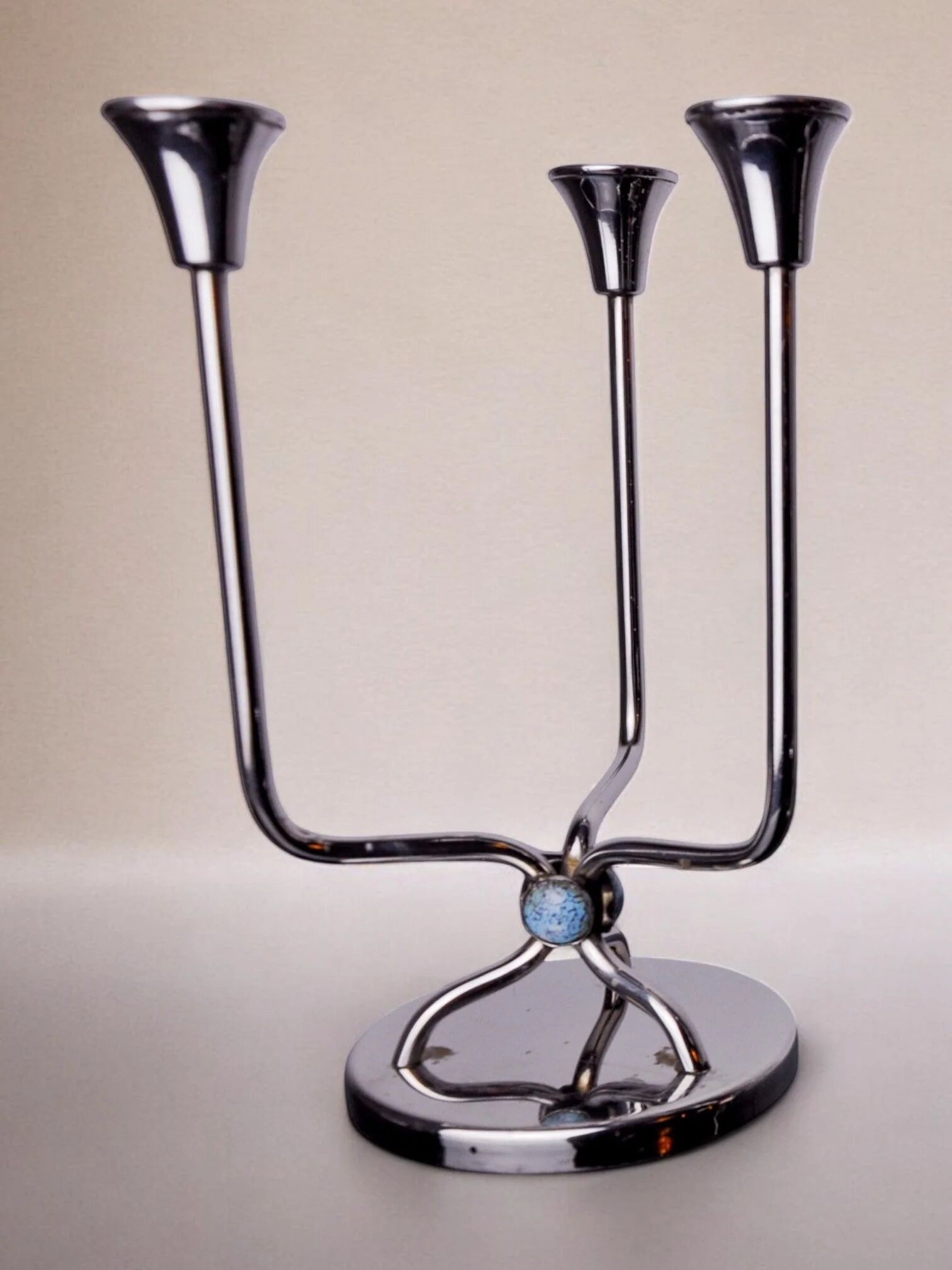 Art deco candlestick in stainless steel, 3 flames and blue stones, Spain, 1970