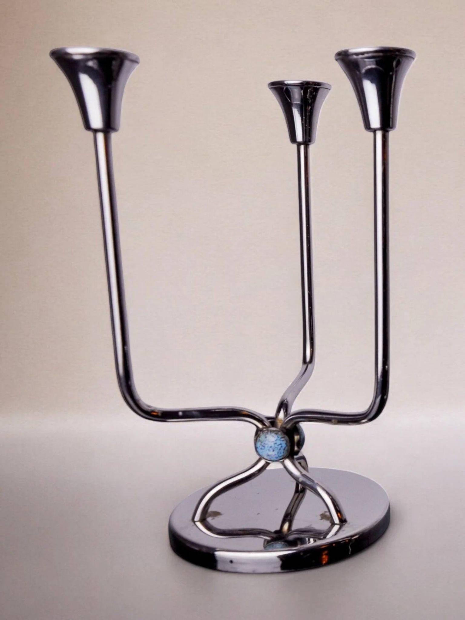 Art deco candlestick in stainless steel, 3 flames and blue stones, Spain, 1970