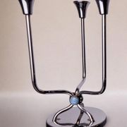Art deco candlestick in stainless steel, 3 flames and blue stones, Spain, 1970