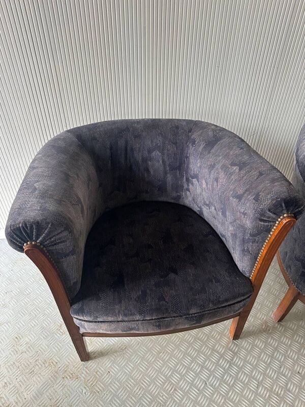 Paire de fauteuils tonneau vintage en velours bleu gris - année 50/60