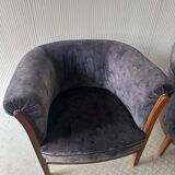 Pair of vintage barrel chairs in blue-grey velvet - 1950s/60s