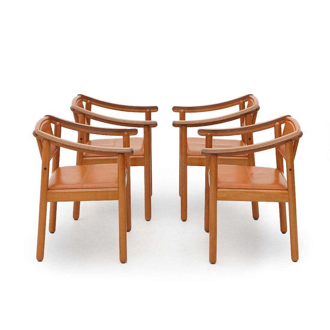 Wood and leather chairs, 1970s, set of 4