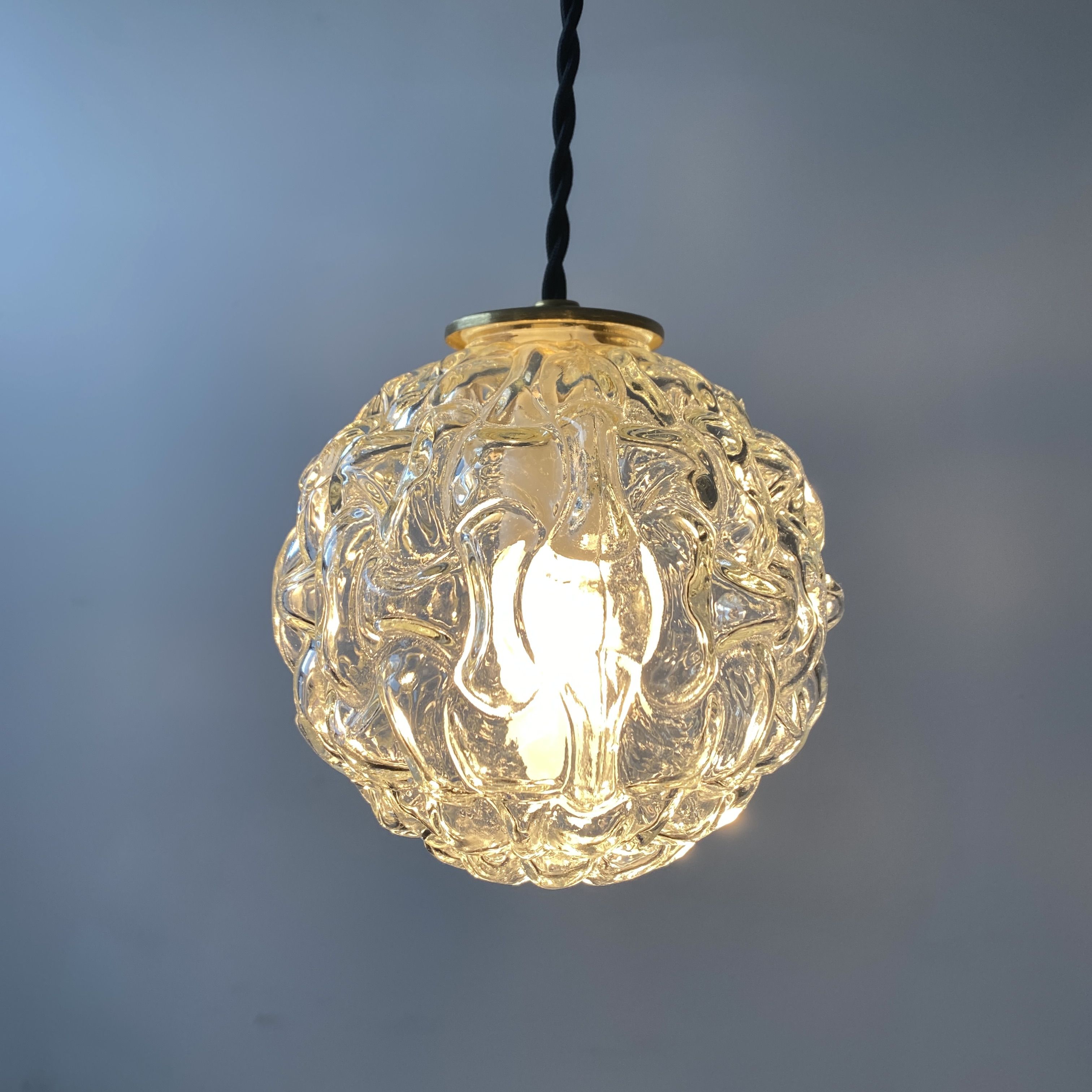 Pair of vintage molded glass round pendant lamps