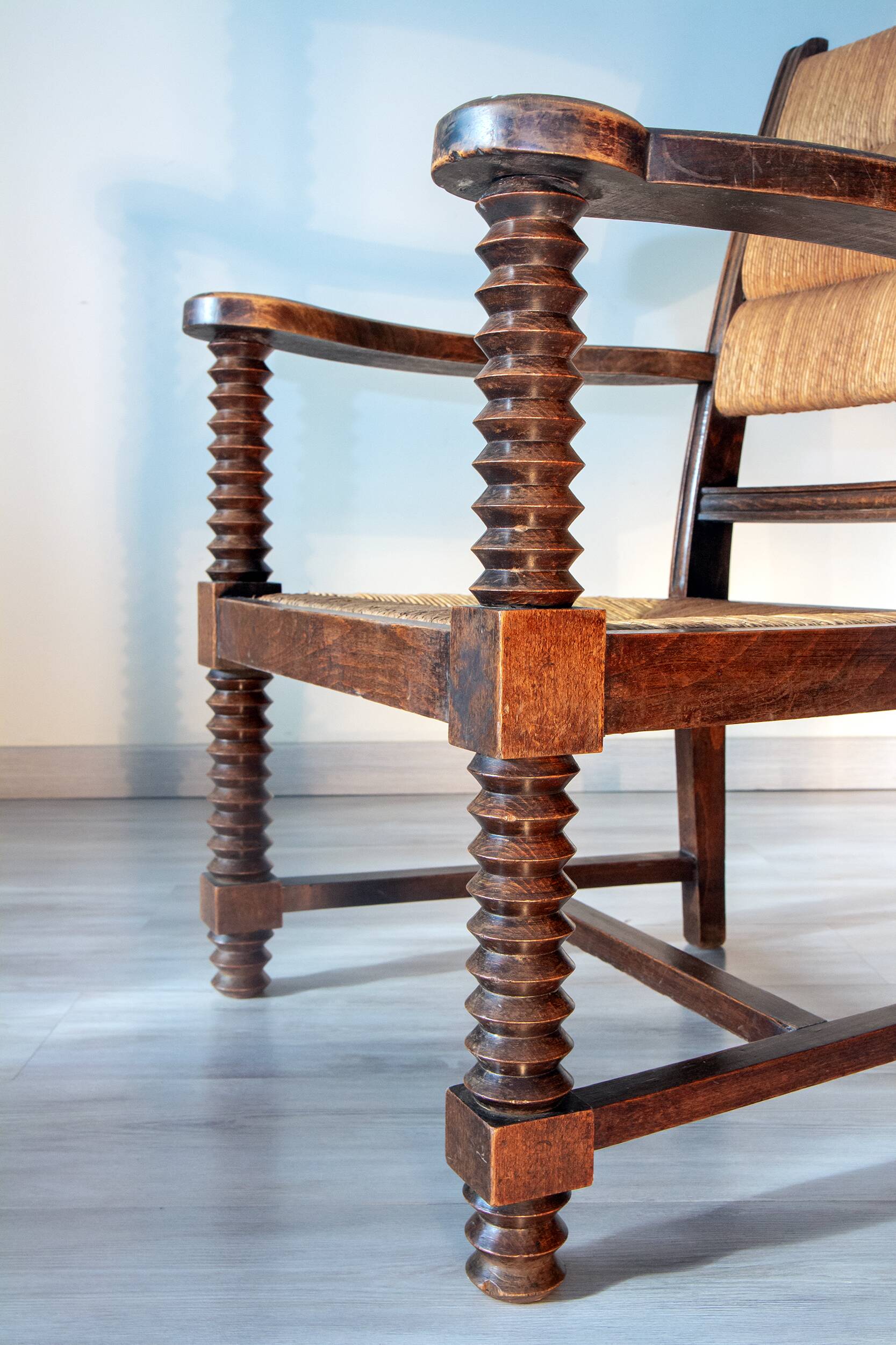 Armchair in oak and rush, brutalist style, designed by Charles Dudouyt, 1940s