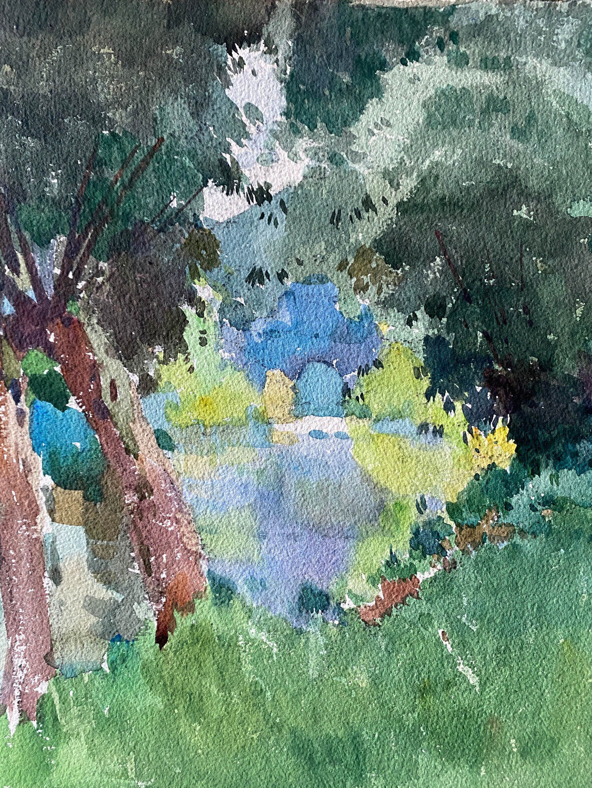 Painting "Bord de l'Ouche" (Côte d'Or) signed by Auguste Drouot Watercolor