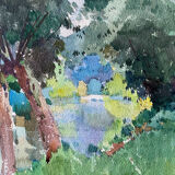 Painting "Bord de l'Ouche" (Côte d'Or) signed by Auguste Drouot Watercolor