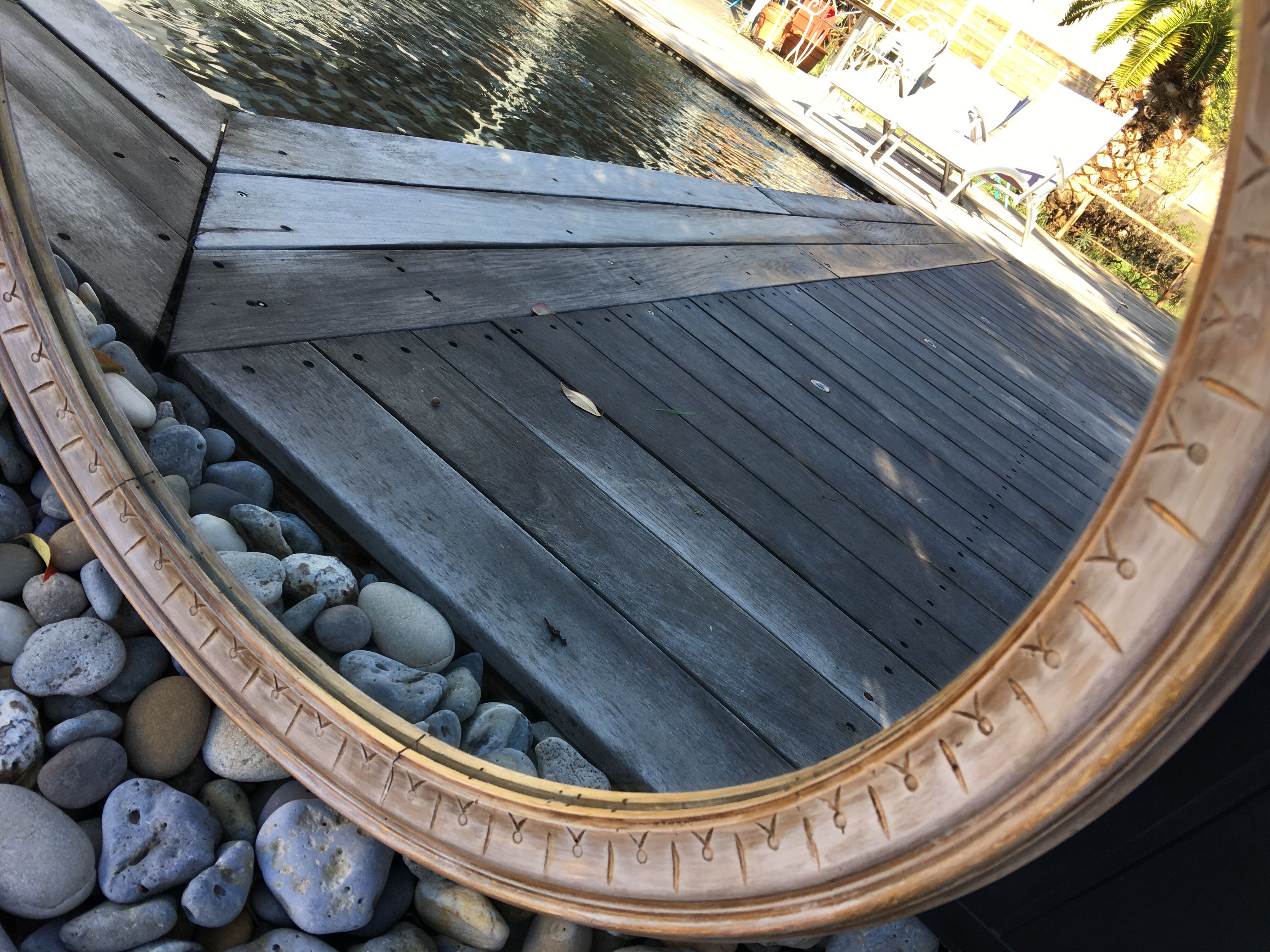 Large round mirror frame patinated wood 70 cm